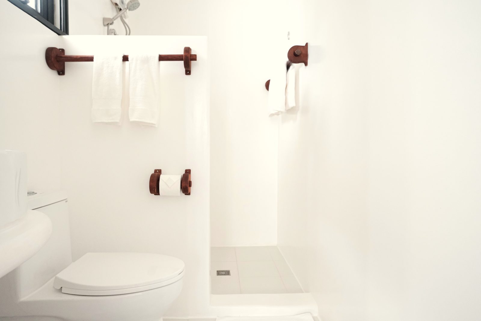 Ensuite bathroom with white towels on a wooden rail, a toilet-roll holder, a toilet and a walk-in shower area.